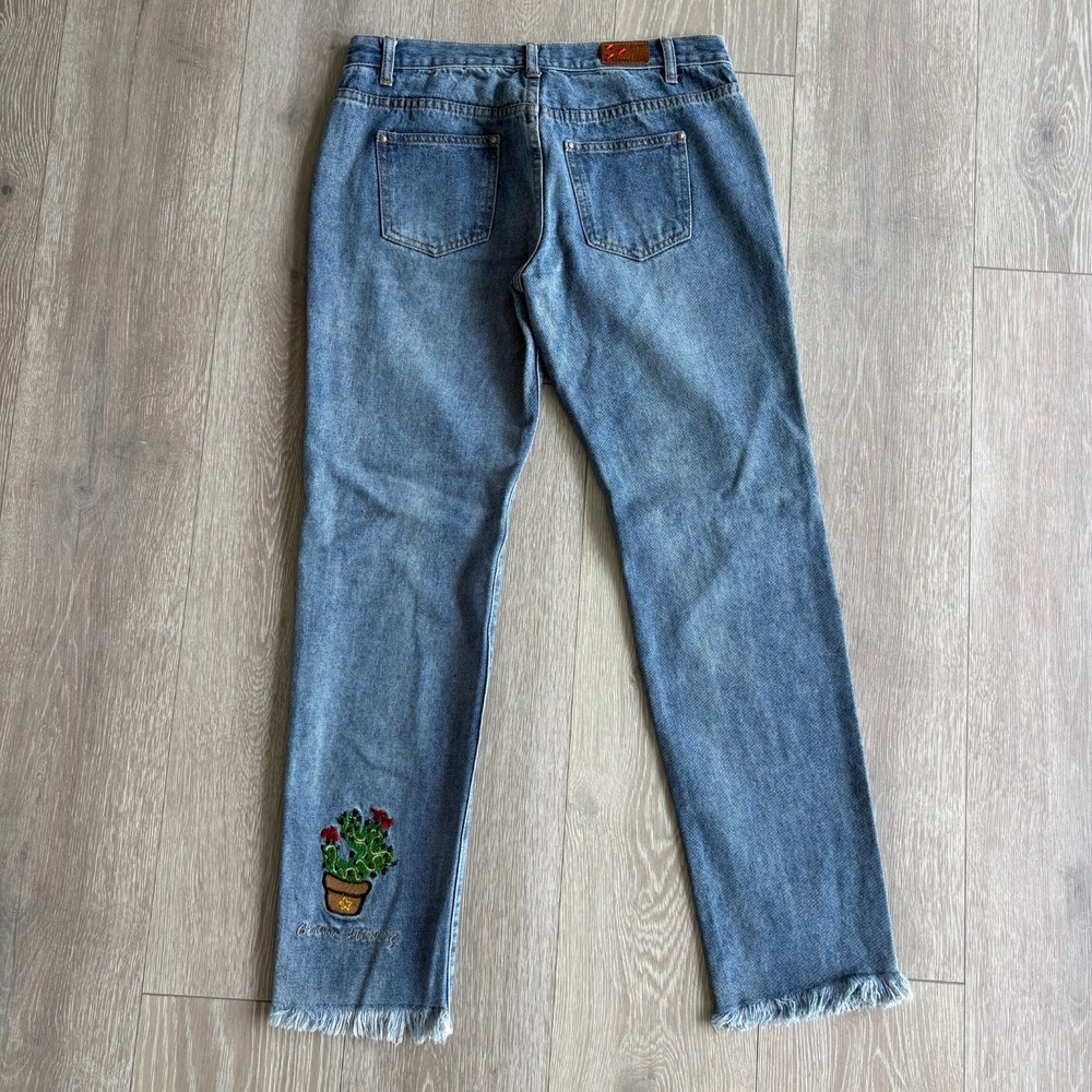 POL Womens Blue Cotton Denim Distressed Cactus Embroidered Fray Hem Jeans Size M